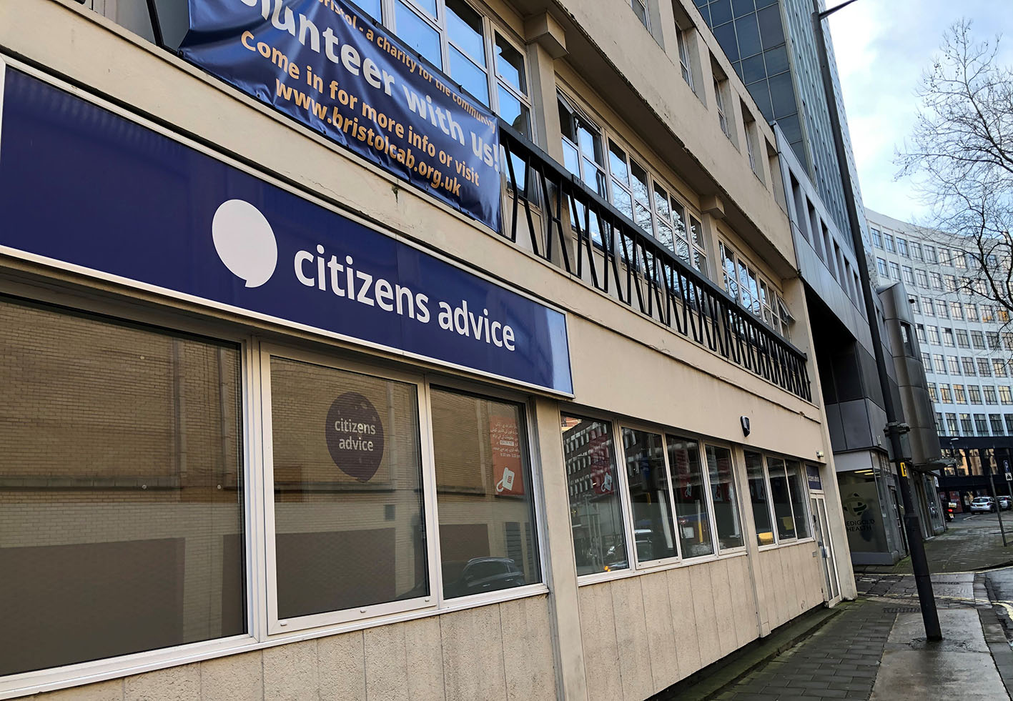 Side of Bristol Citizens Advice Bureau office, showing CAB signage
